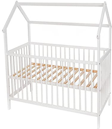Generisch Baby Delux Babybett Kinderbett Hausbett 120x60 cm weiß mit Dach Rollrost 3-Fach höhenverstellbar (mit Komfort Matratze 120x60x9 cm)