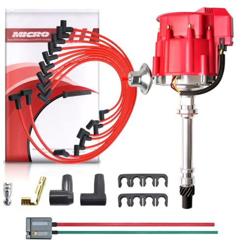MAS Racing HEI Ignition Distributor with Wiring Set Replacement for Chevy 302 454 gm SBC BBC 65k Coil 7500RPM Chevrolet C10 GMC 400 350 V8 4.6L 5.0L 5.7L 6.5L 6.6L 7.4L(HEI Red Cap)