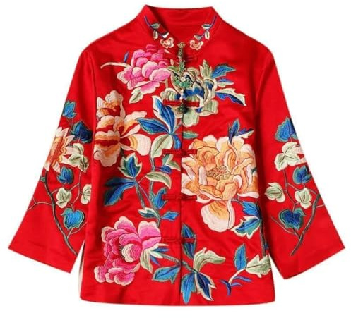 Sparctwer Veste de Style Chinois pour Femme - Chemisier brodé de Style Ethnique Blouse Chinoise rétro brodée Veste pour Femme Manteau à épaule Droite Vêtements Traditionnels Chinois,Rouge,3XL