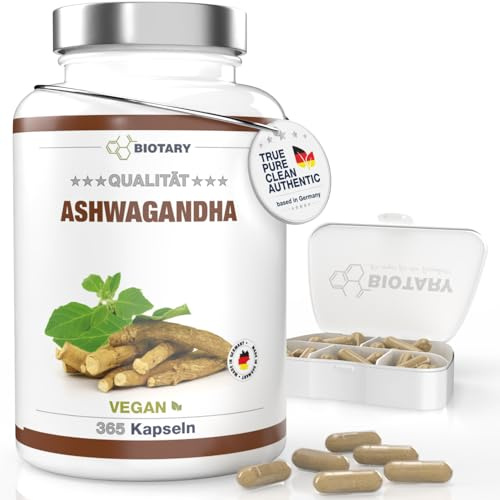 Ashwagandha 365 gélules 3000 mg par portion journalière avec pilulier, Withania somnifera, hautement dosé, végan, purement végétal, sans additifs.
