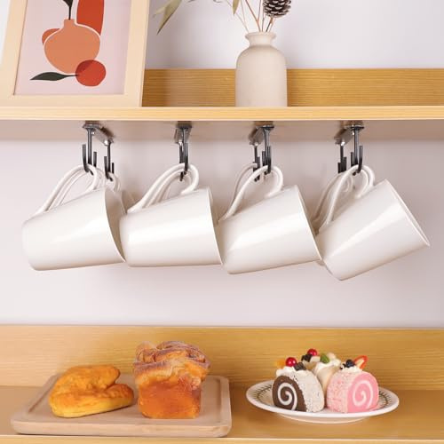 EigPluy 4 Stücke Becher Tassen Lagerung Haken Unter Regal,Tassenhalter unter dem Schrank,Tassenhaken 16-Haken, Kaffeetassenhalter zum Aufhängen Tassen/Mug/Becher(Schwarz)