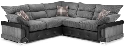 Logann 5 Seater Sofa, Jumbo Cord and leather Corner High BackL Shape Corduroy Fabric Sofa With Deep Seats, Modern Five Seater Sofa with Chrome Legs for Lounge Drawing Room & Office Indoors