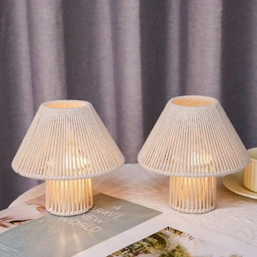 TRIROCKS Geflochtene Baumwollschnur LED Tischlampe ohne Kabel 2er Set, 18 cm hoch, batteriebetriebene Schreibtischlampe, Boho-Nachttischlampen für Wohnzimmer, Schlafzimmer, Hochzeiten, Patio