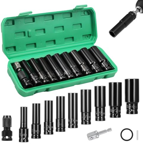11PCS Deep Impact Set 1/2 Inch Metric Drive Tool Impact Wrench Long Socket Set 10-24mm Hex Socket Adapter and Extension Rod for Car Repairs Tire Change