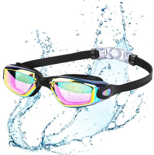DiULi Schwimmbrille Herren Damen, Anti-Fog Schwimmbrille für Erwachsene, Profi Schwimmbrillen Brille mit Breiten Gläsern, UV-Schutz (Schwarz-Galvanik-Stil)