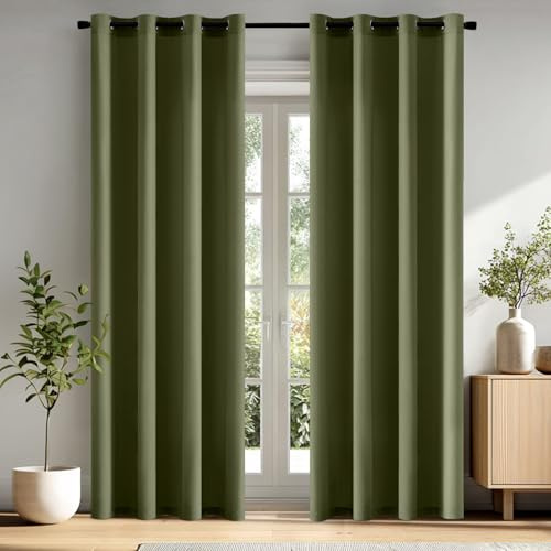 MIULEE Voile Gardinen mit ösen Vorhänge Halbtransparent Stores Vorhang Transparente ösenschal Wohnzimmer Schlaufenschal 2er Set 140x225cm Olivgrün