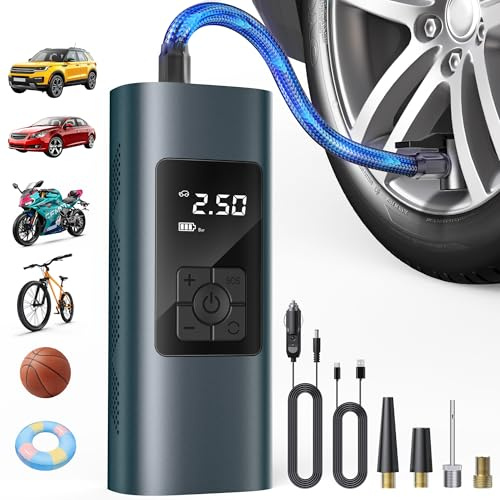 Bemkia Cordless Tyre Inflator Air Compressor – 150PSI Portable Pump with Preset Tyre Pressure, Auto Shut-Off & LED Light – 12V Rechargeable Air Pump for Car, Motorbike, Bicycle, Balls (Blue)