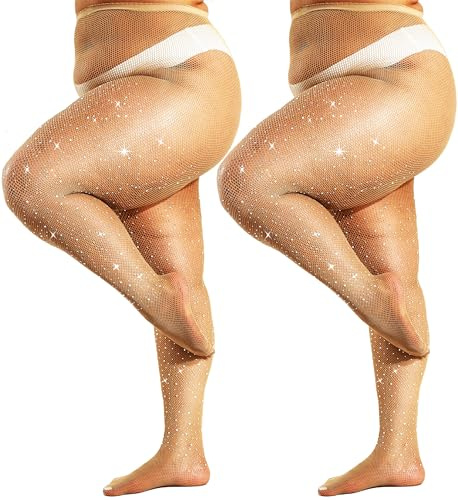 DUCMODA Queen plus size strass fisknät för kvinnor, superstarka 10 x gnistrande tights, kvinnor sexiga glittrande festkonsertstrumpor, 2 naken, X-Large-XX-Large