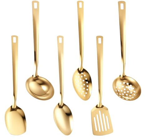 6Pcs Stainless Steel Kitchen Utensils Set with Hanging Hole Rust-Resistant Cooking Utensils Set Heavy Duty Kitchen Tools Spatulas Sets Dishwasher Safe Home Essential for Cooking Serving(Gold)