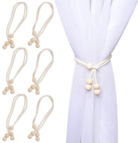 KASESSS 6 Pezzi Minimalisti Ferma Tende, Boho Perline in Legno Corda Cotone Embrasse per Tende, Regolabili Beige Fermatenda, Fermatende E Raccogli Tenda per Camera da Letto Soggiorno Fermatende Decor