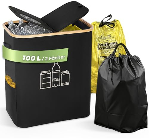 Biigdan 100L Gelber Sack Ständer mit Pfandflaschen Sammelbehälter, Für 60L-120L Gelber Sack, Gelber Sack Mülleimer mit Deckel& 2 Tragetasche,Müllsystem für Küche & Haushalt - Schwarz