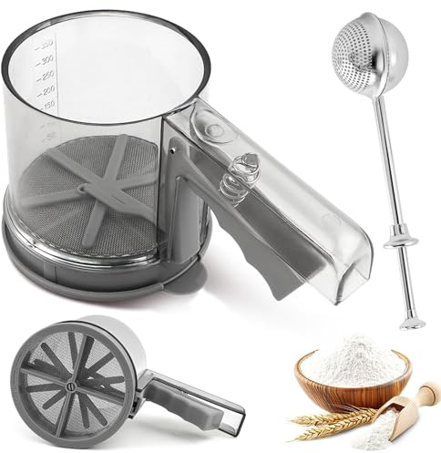 Flour Sifter Set, 2 in 1 Sifter for Baking Straight Handle & Press Double-Layer Fine Mesh Filter, Powdered Sugar Duster Set for Baking Cakes, Pastries, Pies, Cupcakes and Desserts