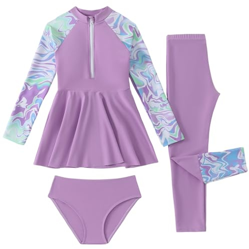 Mädchen Burkini Badeanzug 3 Set Langarm Badeshirt Lange Badehose Badeshorts Badekleidung Elastizität Badeanzug Kleid Surfanzug Neoprenanzug (Purple, 12-13 Years)