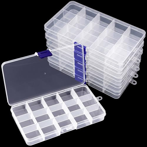 Pack of 6 15 Compartments Transparent Sorting Boxes for Small Parts, Adjustable Plastic Storage Box with Compartments, Suitable for Lego Plastic, Screws, Earrings, Ironing Beads, Stationery