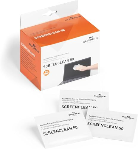Durable Screenclean 50 Rengöringsservetter, 50 stycken, vit, 578702 | Fuktiga fiberdukar för bildskärmar och bärbara datorer, antistatisk, randfri rengöring av glasytor, tillverkade i Poland