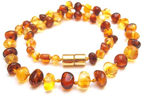 Parfait ambre collier 35 cm. Bijoux. Fermoir magnétique sécurisé. 100% Plus Haute Qualite Certifie l'Ambre la Baltique Authentique Collier Perles. Fiabilité de qualité d'Amberta®. (Miel-cognac)