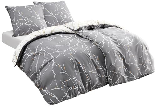 BEDSURE Bettwäsche 135x200 Baumwolle 4teilig - Bettwäsche-Sets Grau Bettbezug 2er Set mit 2 Kissenbezüge 80x80 cm, ÖKO-TEX Wendebettwäsche Bedding Zweige Muster mit Reißverschluss