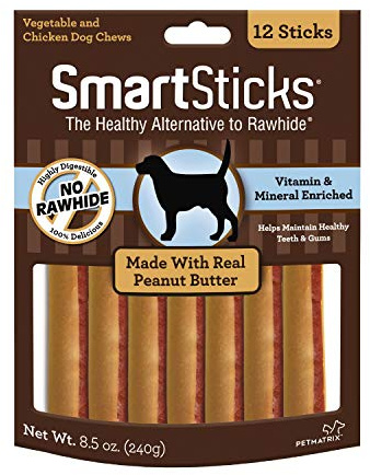 SmartBones SmartSticks With Real Peanut Butter 12 Count, Rawhide-Free Chews For Dogs