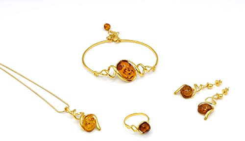 Bernstein Schmuck Set Halskette Pendant Armband Ohrringe Ring Schmuckset Damen Silber 925 vergoldet PMBER5_GOLD