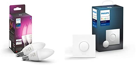 Philips Hue White & Color Ambiance E14 LED Lampe 2-er Pack, dimmbar, steuerbar via App, kompatibel mit Amazon Alexa (Echo Echo Dot) + Smart Button, komfortables Dimmen ohne Installation
