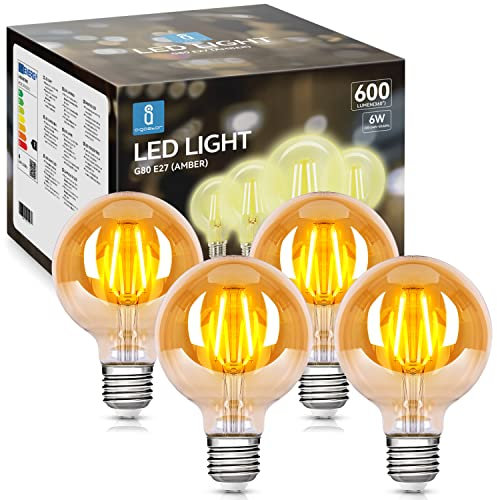 Aigostar LED E27 Vintage Glühbirne 6W (Ersetzt 48W), 600 Lumen, Warmweiss 2200K, Abstrahlwinkel 300°, G80 Edison Lampe Filament Retro Bernstein Flimmerfrei, CRI>80, 4 Stück