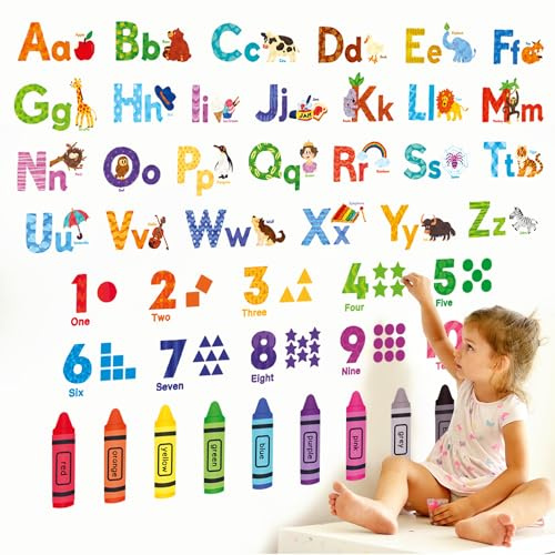 DECOWALL DS8-8044 Farbige mit Tier alphabet zahlen wandtattoo kinderzimmer dekor abziehen und aufkleben entfernbares abc baby spielzimmer englische kinder lernen