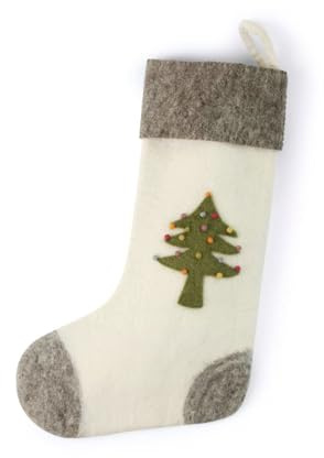 Gry & SIF handgefilzter Nikolausstrumpf aus Wolle, Weihnachtssocke zum Befüllen, Nikolausstiefel zum Aufhängen, W, Nikolausstrumpf weiß, I Nikolaussocken zum Befüllen mit Christbaum-Motiv