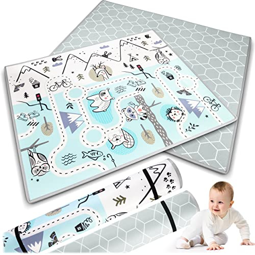 Nukido Spielmatte Doppelseitige Krabbelmatte Baby Krabbeldecke Matte Bodenmatratze Kinderzimmer Krabbelmatte Baby faltbar Bodenmatte Kinder Babyspielzeug 0-6 monate Blau 150x180x1,5 cm