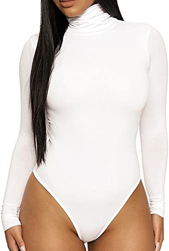 KOEMCY Body Donna Manica Lunga Elegante Collo Alto Bodysuit Sexy Aderenti a Maniche Lunghe Caldo Casuale Jumpsuits Basic Tops (Bianco,M)