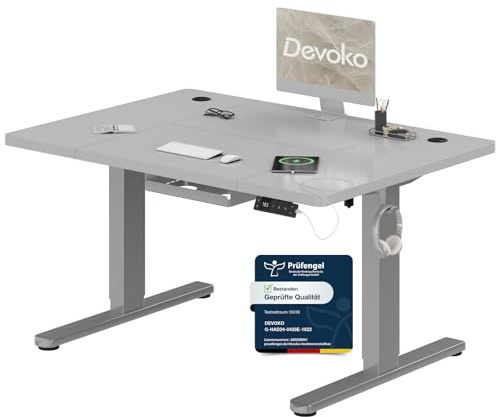 Devoko Höhenverstellbarer Schreibtisch 120x80cm mit Typ-C Ladeanschluss, Schreibtisch Höhenverstellbar Elektrisch, Mobiler Elektrisch Computertisch mit Kabel Management Tray, Grau