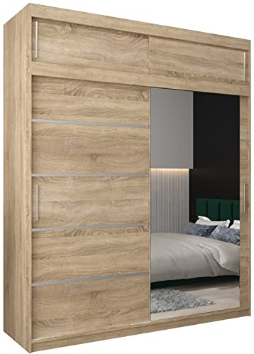 ABIKSMEBLE Verona 2 200 Armario 2 Puertas Correderas para Dormitorio - Armario Moderno con Espejo, Barra y Estantes - 200x240x62 cm (Ancho x Alto x Fondo) - Sonoma con Extensión