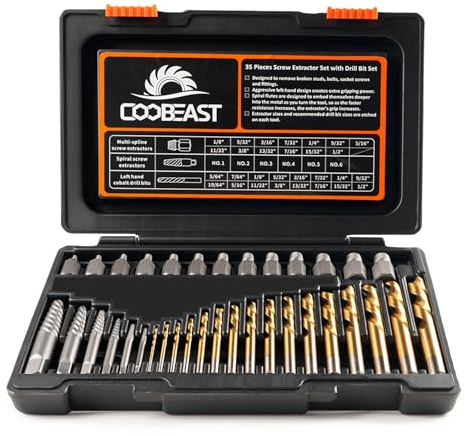 Coobeast 35 Pcs Screw Extractor and Left Hand Drill Bits Set, Easy Out Screw Extractor Kit with HSS Steel Reverse Drill Bit for Broken Nuts, Stripped Bolts Remove