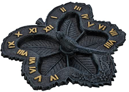 Relaxdays Cadran Solaire pour Jardin, Fonte de Fer, Design Antique, Feuille & Oiseau, déco extérieure, Anthracite - doré
