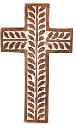 Indus Lifespace Mango Wood Religious Catholic Cross Wall Hanging Floral Carvings Living Room Home Décor for Entryway Office Living Room (25.4cm x 15.24cm x 1.90cm)