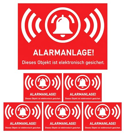 Aufkleber Set ALARMANLAGE! Dieses Objekt ist elektronisch gesichert., 6 Stück, 5 x 3,5 cm, selbstklebende Folie, außenklebend, Warnhinweis Sticker Innen- und Außenbereich, Alarm Anlage Klebesticker