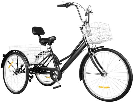 Begoniape 7 Gang Dreirad für Erwachsene Senioren, 24 Zoll 120 kg Tragfähigkeit Dreirad Klapprad, Schwarz aus Kohlenstoffstahl Rückenlehne Erwachsenendreirad, 3 Räder Fahrrad mit Doppelkorb