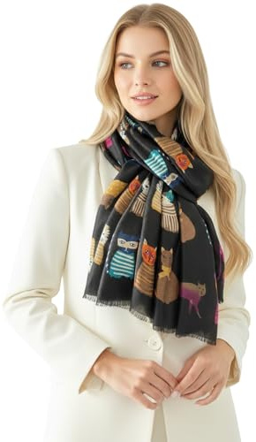Cat Print Womens Scarf Shawl Wrap Lightweight Scarf, Black Cat Scarf Cat Gift Cotton Scarf, Spring Summer Winter Scarfs Women, Ladies Scarves, Womens Gifts 40th 50th 60th Birthday (Black)