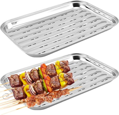 Asfrode 2 Stück BBQ Grillschalen aus Edelstahl, 34.5 x 24.2 x 2.7 cm Wiederverwendbare Grillkorb Gemüsekorb Aussenbereich Zubehör für Gemüse Fisch oder Fleisch für Gas-, Elektro- und Holzkohlegrill