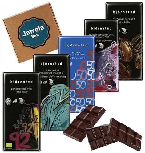 Björnsted Schokolade Premium Mix Set - natural Qualitäts-Schokolade - 92%, 85%, Dark Milk 50%, Peppermint Crisp 85%, Dark Cranberry 70% - Jawela Probierset - Geschenk