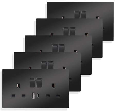 JIMEIDA Black Double Switched Power Socket 5 Pack 13 Amp with USB-A and Type-C Charging Ports Crystal Wall Outlet Power Socket 146mm*86mm