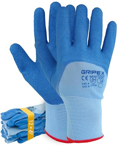 Trevendo Arbeitshandschuhe - Gripex - blaue Montagehandschuhe - Latex-Beschichtung - optimaler Grip für präzises Arbeiten - Gartenhandschuh - Damen & Herren, 12 Paar, Größe 9