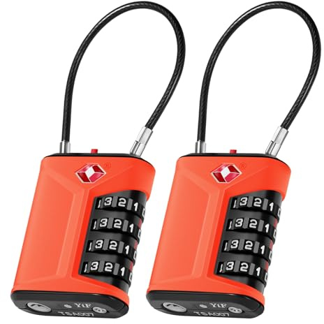 ZHEGE TSA Schloss, Koffer Schloss, 4 Stellig Kabelschloss (2, Orange) | Öffnung Alarmanzeige, Weißen Zahlen, Vorhängeschloss 4 Stellig für Koffer, Rucksack, Hostel, Schließfach, Zelt