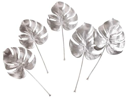 Deco Woerner Künstliche Monsterablätter-Set 5 Stück Fake Deko-Blätter Kunstblätter Silber 37 cm