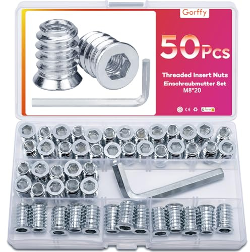 Gorffy 50 Stück Gewindeeinsatz, M8 X 20mm Einschraubmutter Holz | Legierter Stahl Einschraubmuffen Gewindebuchse, Gewindebuchse mit Schraubenschlüsse, Silbern Einschraubmutter mit Box