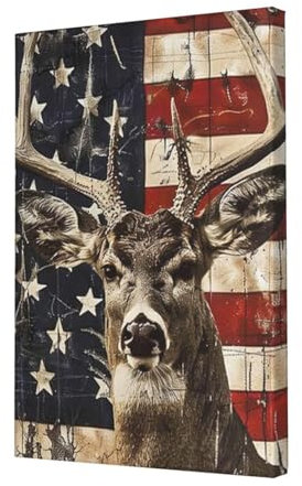 YKLJG Gestreifte Flagge und Hirsch, gedruckte Wandkunst, Leinwanddruck, 30 x 45 cm, Holzrahmen, Gemälde, Kunstwerk für Schlafzimmer, Küche, Zuhause, Büro