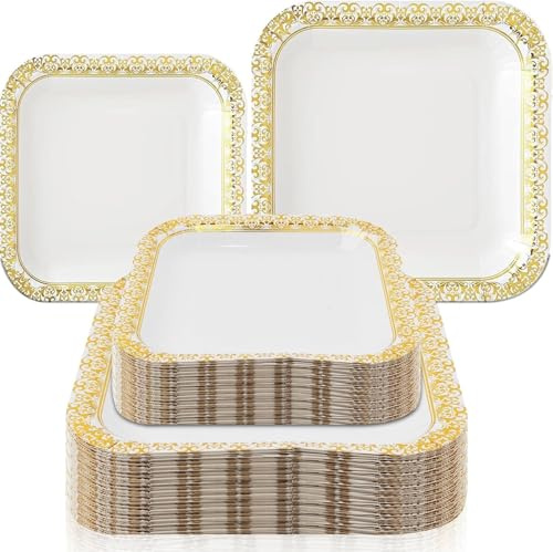 Malloom 100 Stück Pappteller Set, 50 x 18cm Dessertteller und 50 x 23cm Essenteller mit Goldrand-Design, Robuste Einwegpappteller für Geburtstag, Abschlussfeier, Jubiläums, Einweihungsfeier (Quadrat)