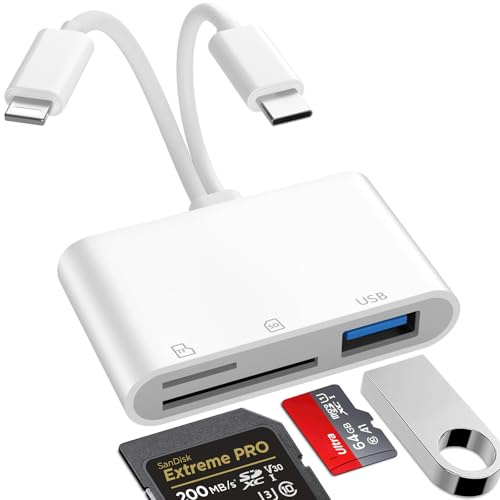 Lightning to SD Card Reader, 3 in 1 SD Card Reader for iPhone 16 15, USB C Lightning to SD Micro S-D C-ard R-eader USB Port Adapter, Compatible for Samsung Camera Memory Transfer OTG