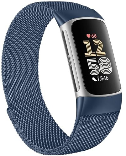 Metal Band Compatible with Fitbit Charge 6 Bands Women Men, Stainless Steel Mesh Loop Magnetic Replacement Bracelet Strap for Fitbit Charge 6 / Charge 5 Fitness Tracker (Navy Blue)