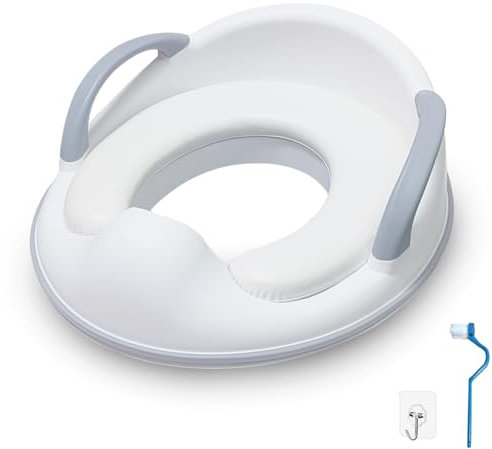 MOVCE Toilettensitz Kinder, PVC Gepolsterte Toilettensitz Kinder, Wc Sitz Kinder mit Spritzschutz, Haltegriff und Rückenlehne, Baby Potty Training Toilettentrainer, Grau