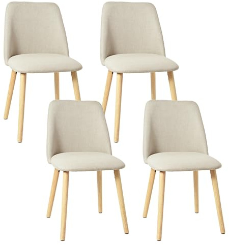 Goeurvant Esszimmerstühle 4er Set mit Holzbein, Moderner Küchenstuhl mit Filzgleiter, Polsterstuhl aus Leinen für Esszimmer Wohnzimmer, Beige